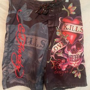 Ed Hardy board shorts black/ grey/ red